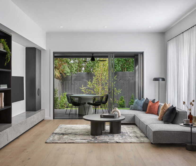 living room of a dual occupancy house in melbourne from boutique homes